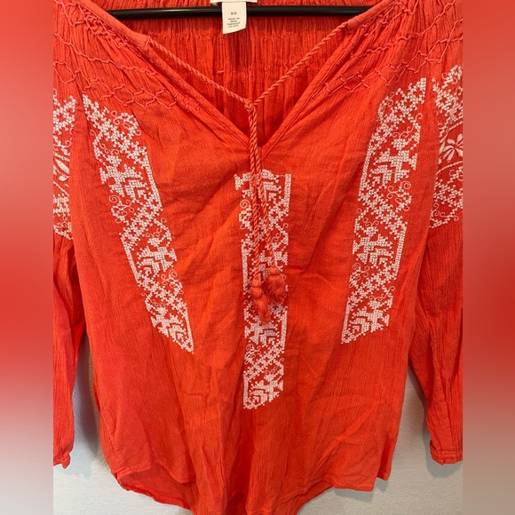 Hinge Orange Coral Embroidered Flowy 3/4 Sleeve Top with Tassels Size XS - Picture 4 of 10